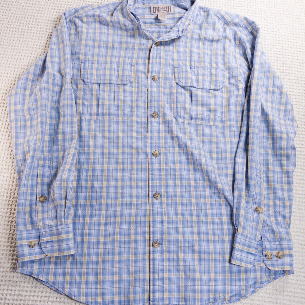 Duluth Trading Co Mens Large Blue Yellow Plaid Long Sleeve Button Down Shirt L